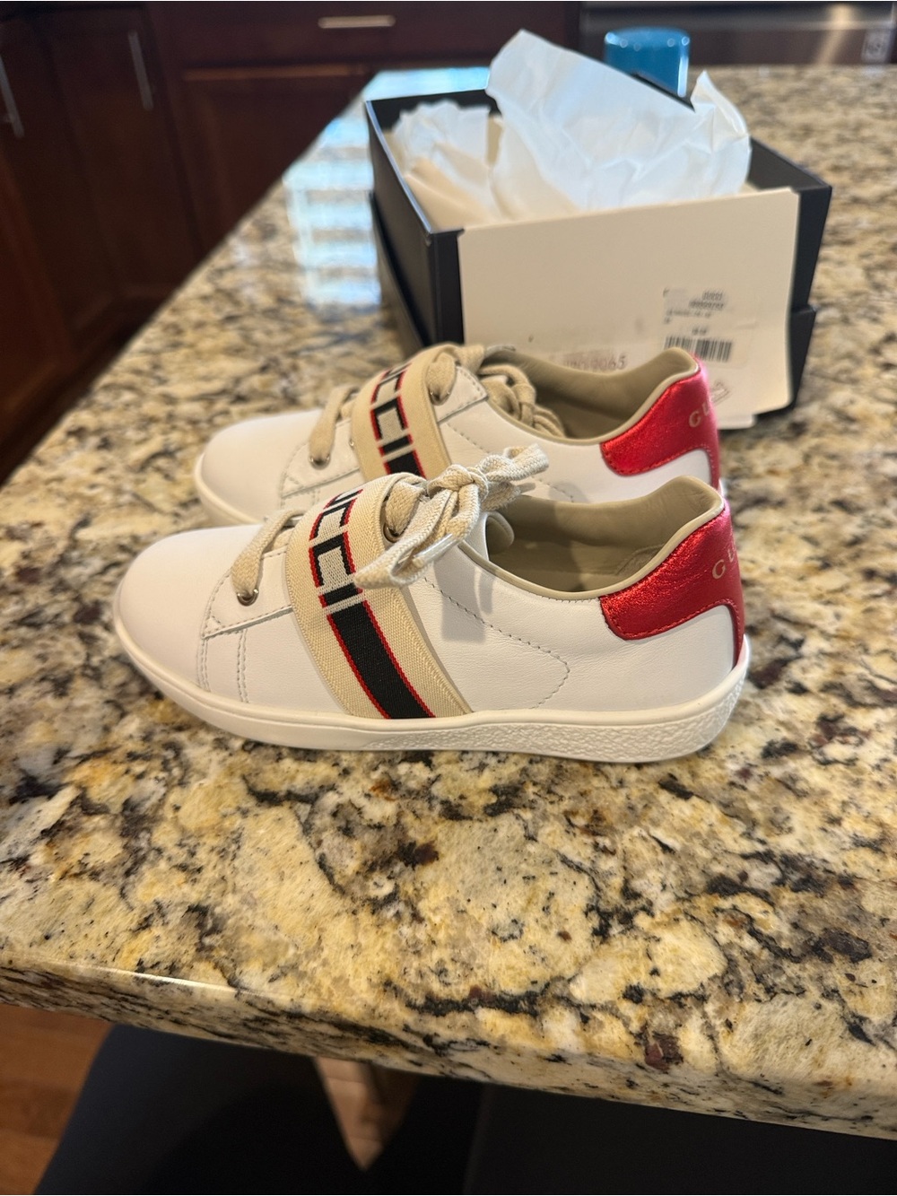 Kids White Sneakers with Red Accent and Stripe Detail